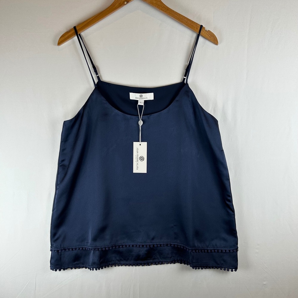 Jean-Pierre‎ Klifa Blue Satin Camisole Top Pom Pom Trim Adjustable Straps L